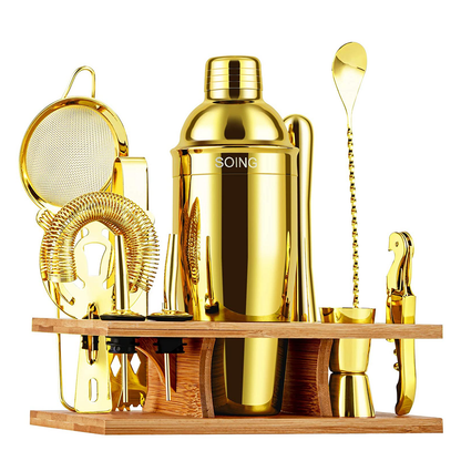 Soing 11-Piece Bartender Kit with Wooden Stand (Gold)