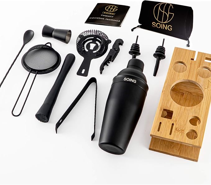 SOING 11-Piece Bartender Kit with Wooden Stand (Matte Black)