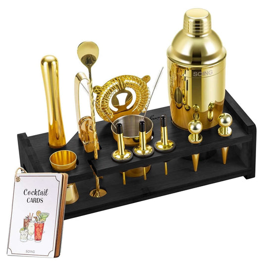 SOING Bartender Kit with Stylish Black Bamboo Stand (Gold)