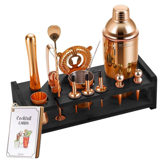 SOING Bartender Kit with Stylish Black Bamboo Stand (Rose Copper)