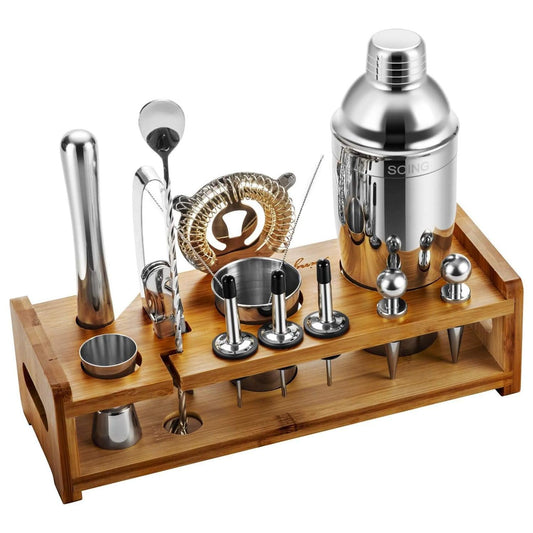 SOING Bartender Kit with Stylish Bamboo Stand (Sliver)