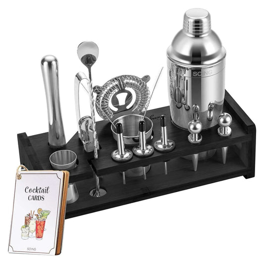 SOING Bartender Kit with Stylish Black Bamboo Stand (Sliver)