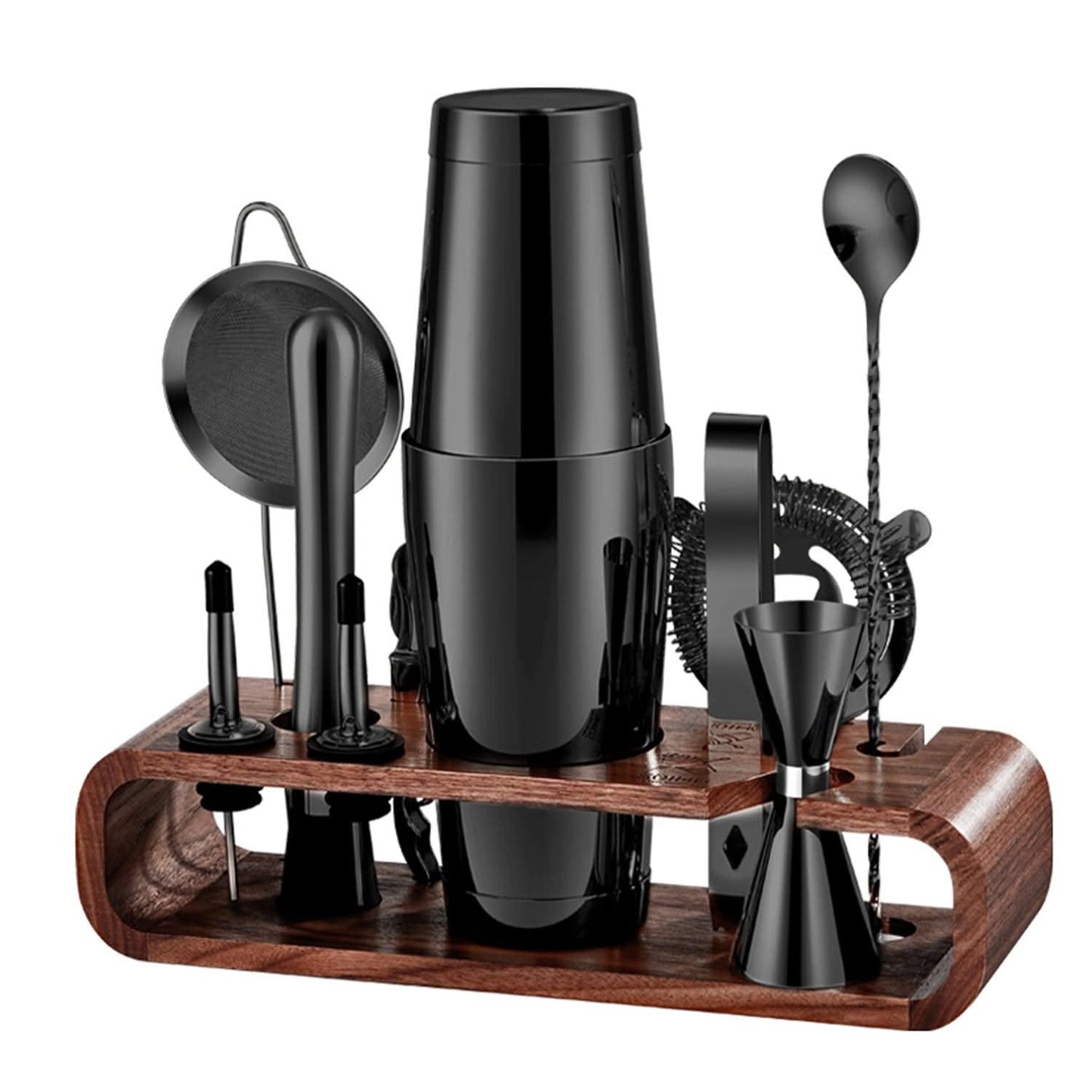 SOING Boston Bartender Kit with Walnut Wood Stand (Black)