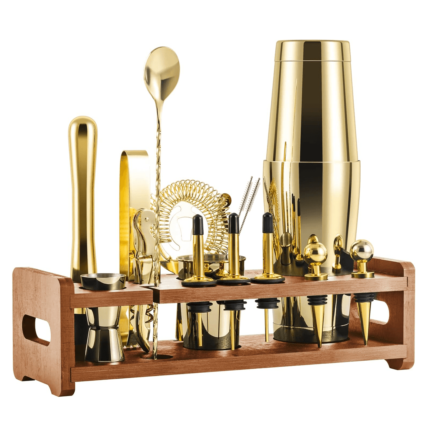 SOING Boston Bartender Kit With Stylish Bamboo Original Stand (Gold)