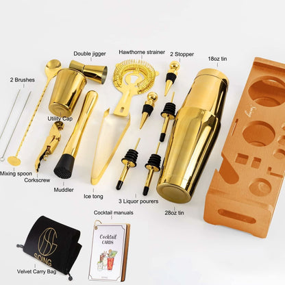 SOING Boston Bartender Kit With Stylish Bamboo Original Stand (Gold)