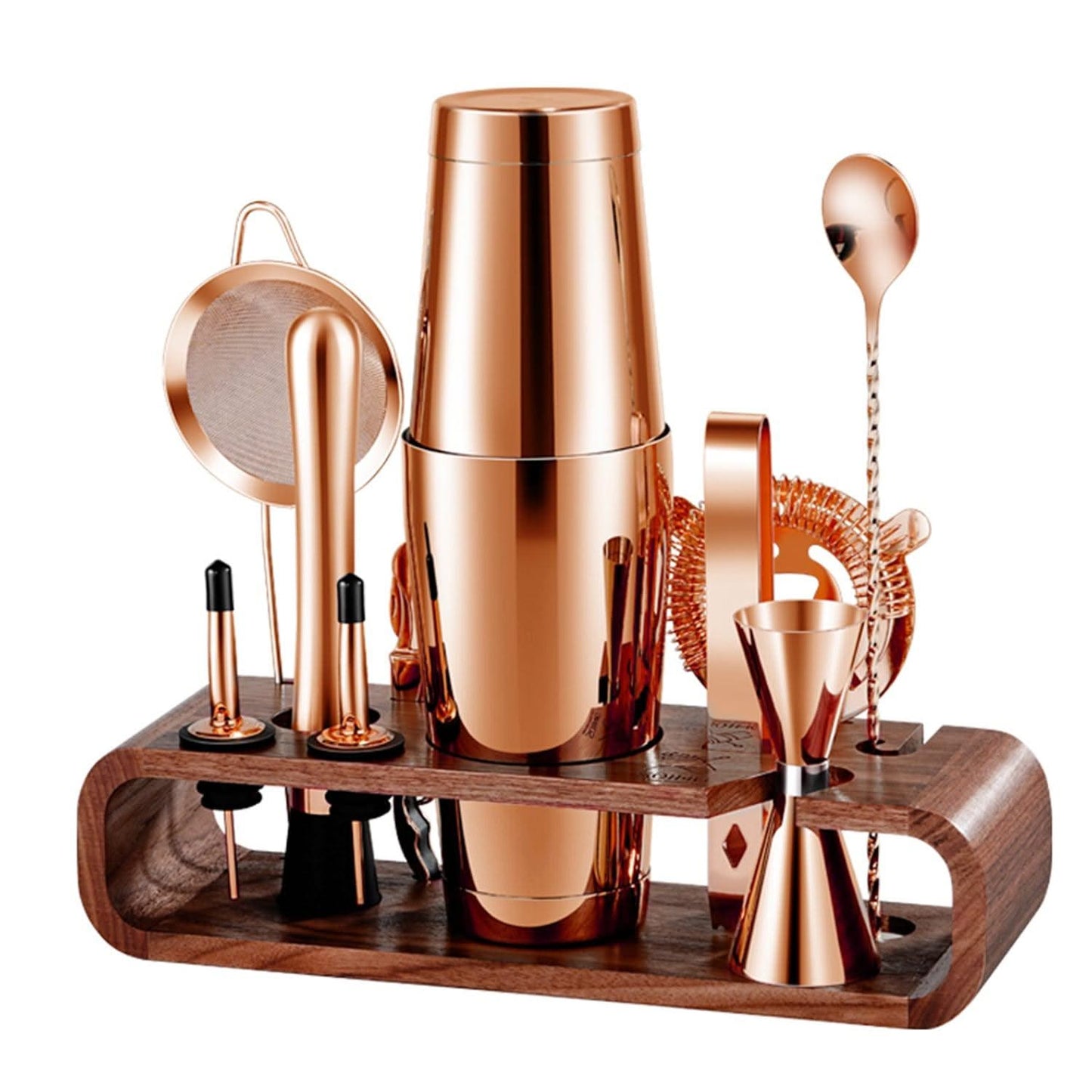 SOING Boston Bartender Kit with Walnut Wood Stand (Rose Copper)