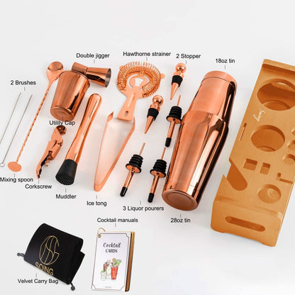 SOING Boston Bartender Kit With Stylish Bamboo Original Stand (Rose Copper)