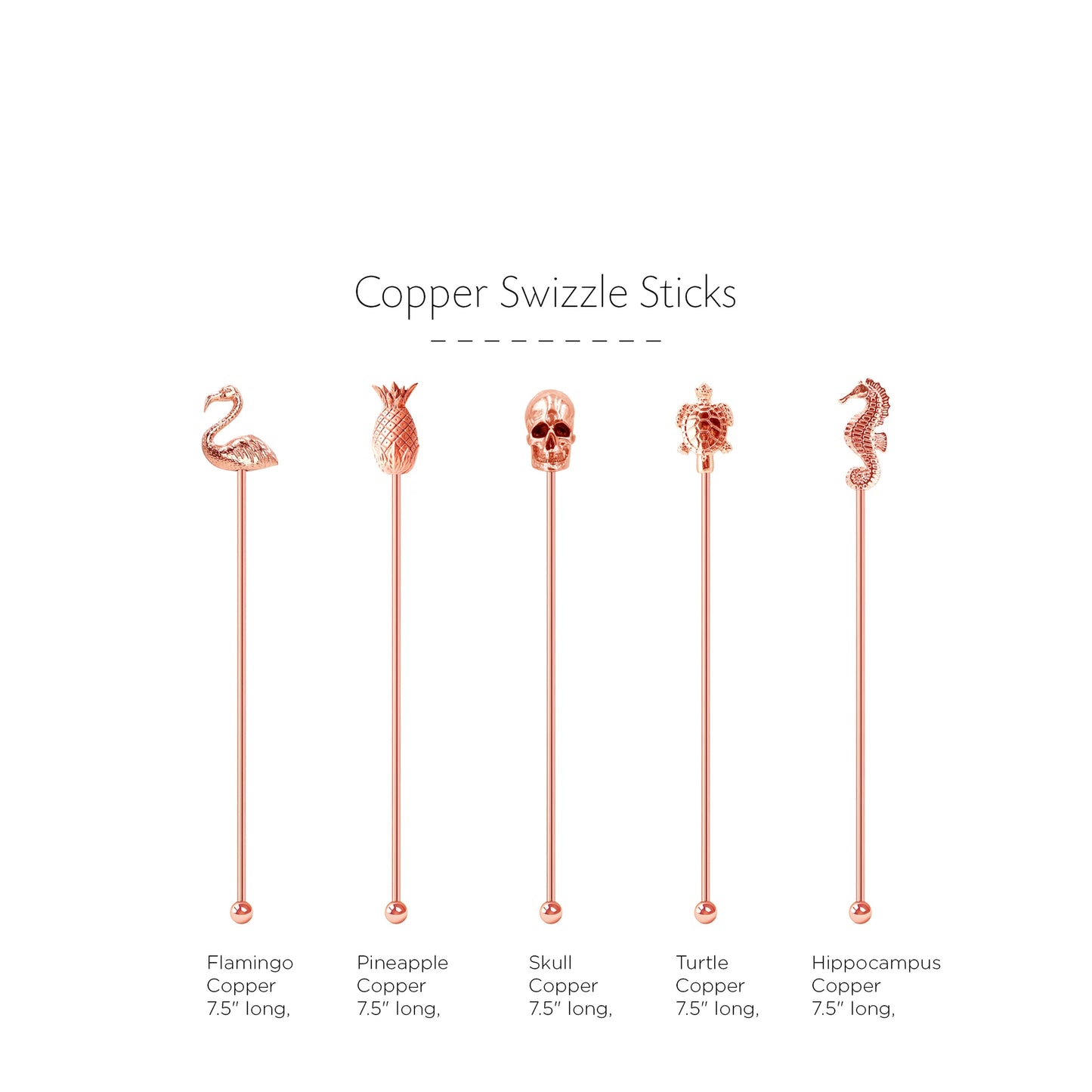 SOING 7.5" COPPER SWIZZLE STICKS STAINLESS STEEL STIRRERS SET OF 5