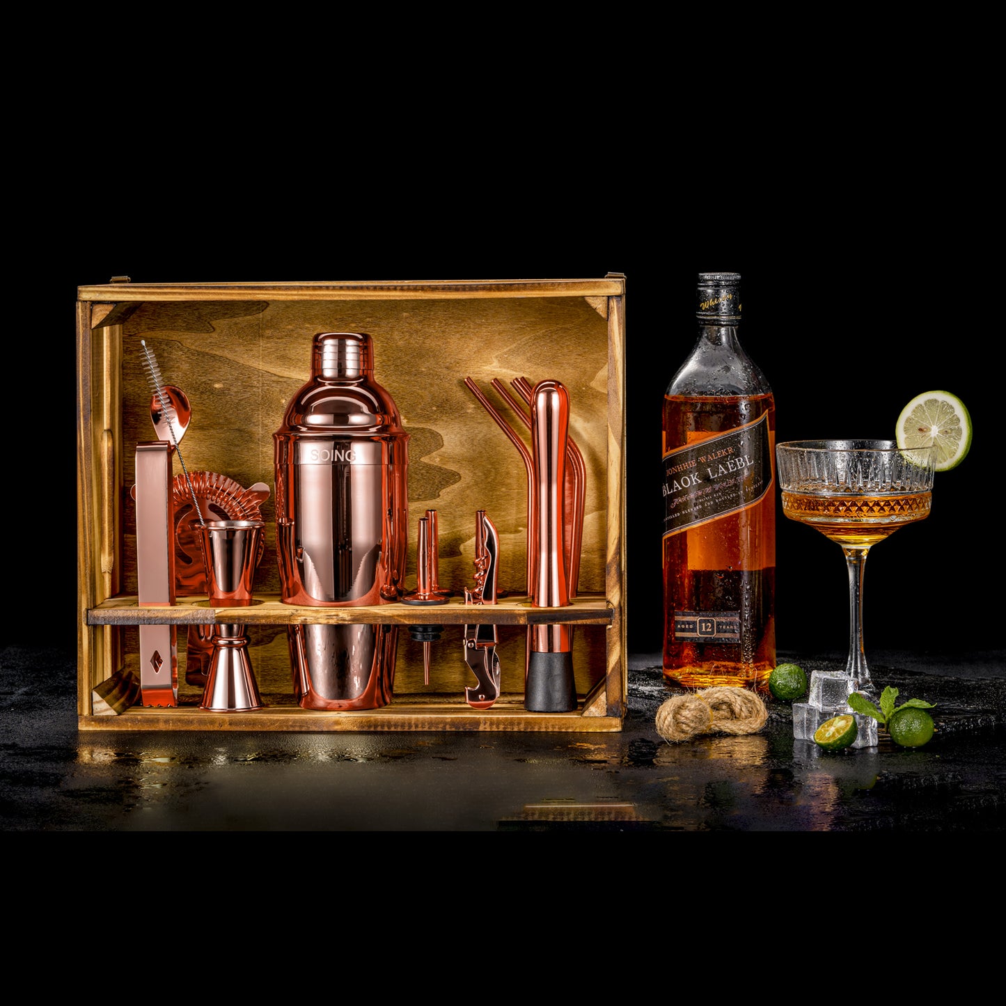 SOING Bartender Kit with Rustic Wood Stand (Rose Copper)