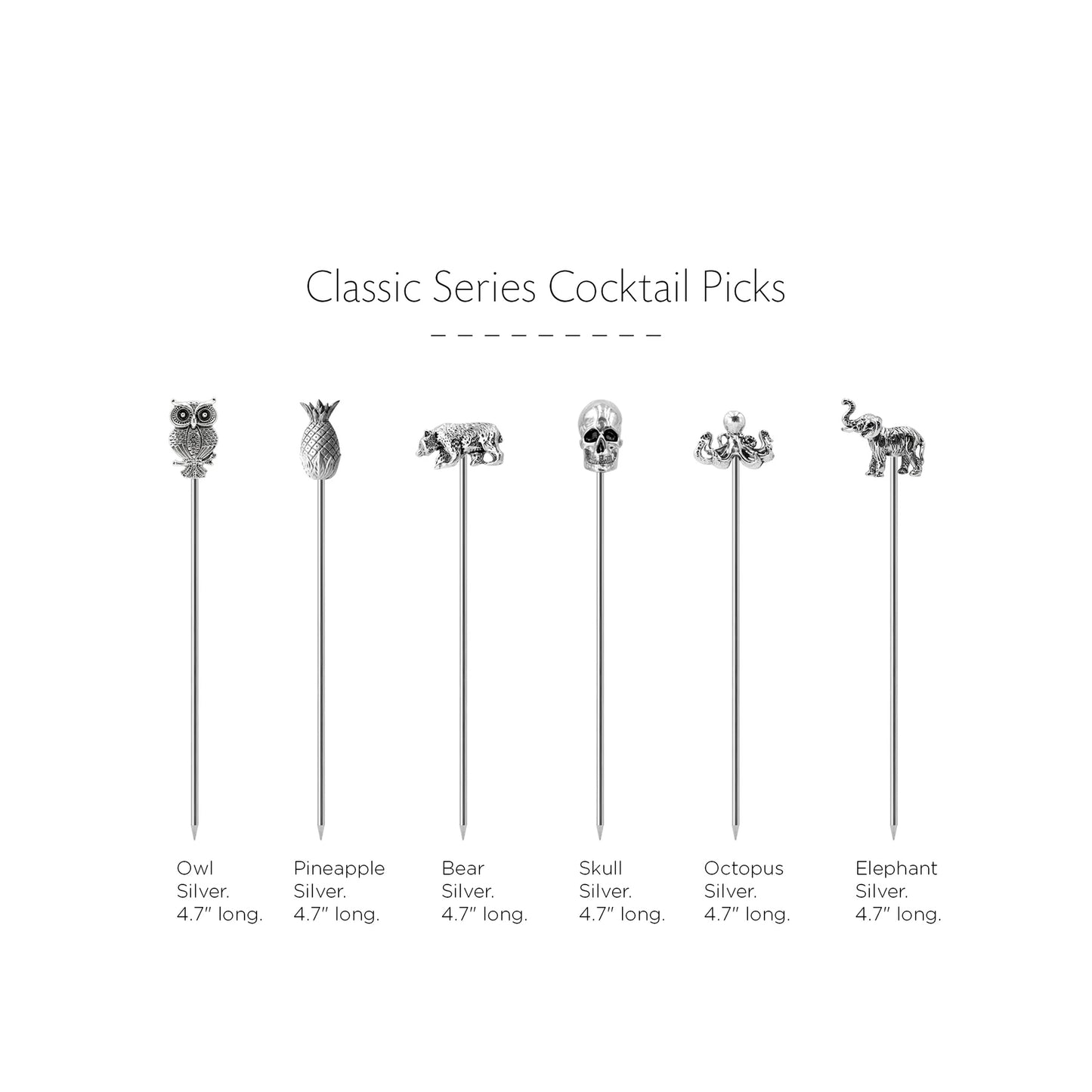 SOING SILVER STAINLESS STEEL COCKTAIL PICKS 6 PCS