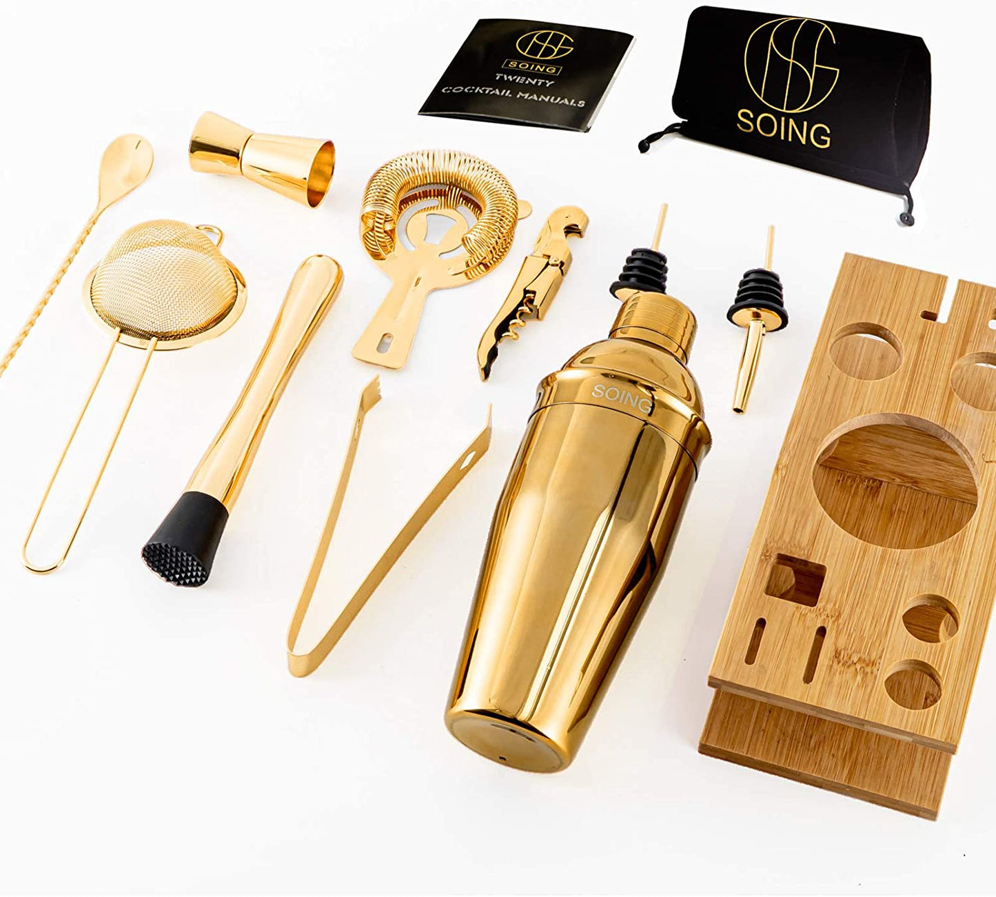 Soing 11-Piece Bartender Kit with Wooden Stand (Gold)