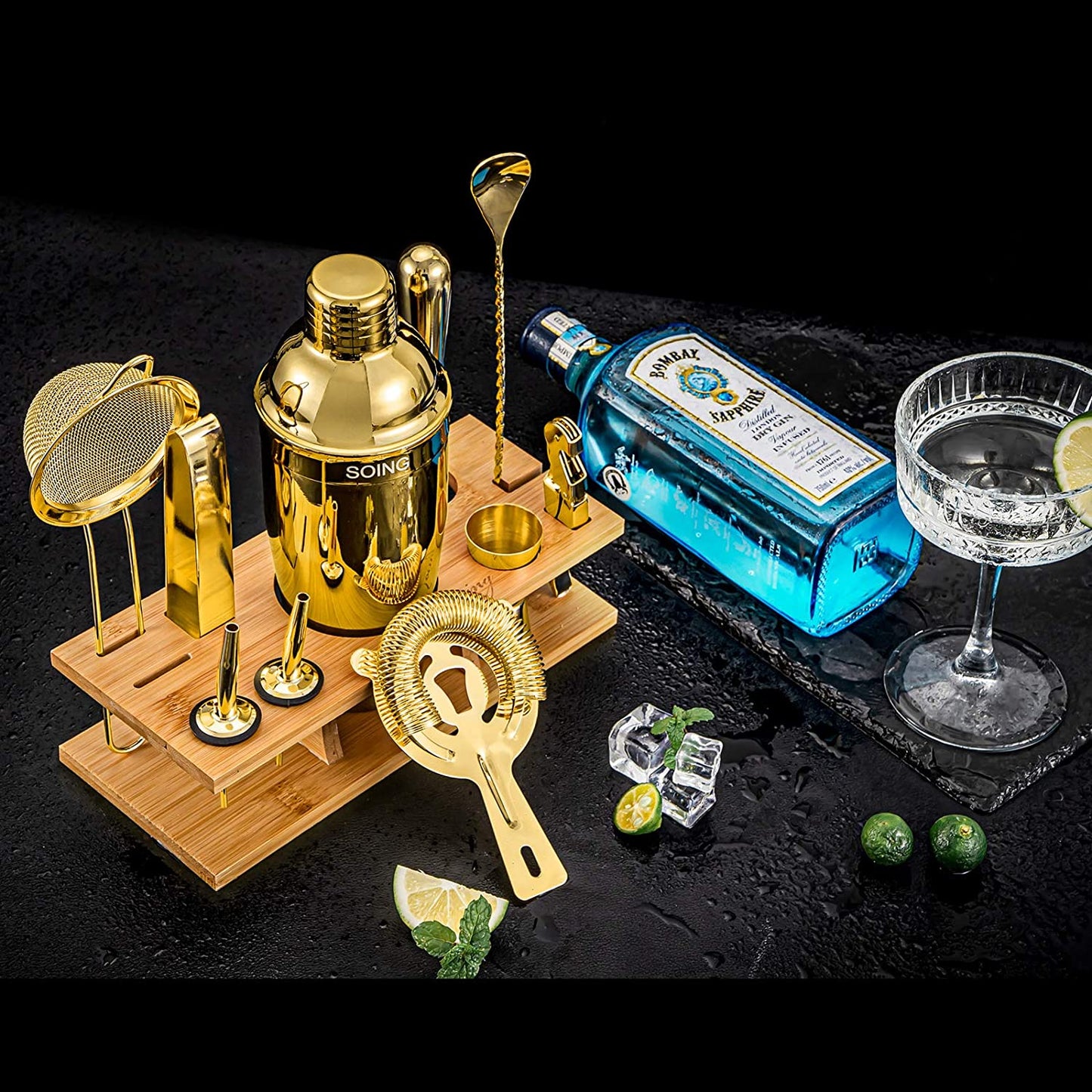 Soing 11-Piece Bartender Kit with Wooden Stand (Gold)