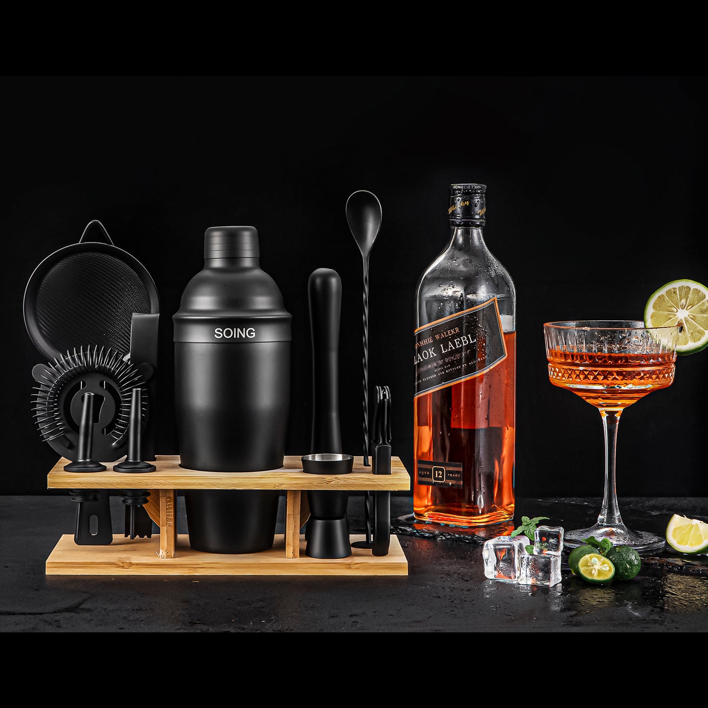 Soing 11-Piece Bartender Kit with Wooden Stand (Black)