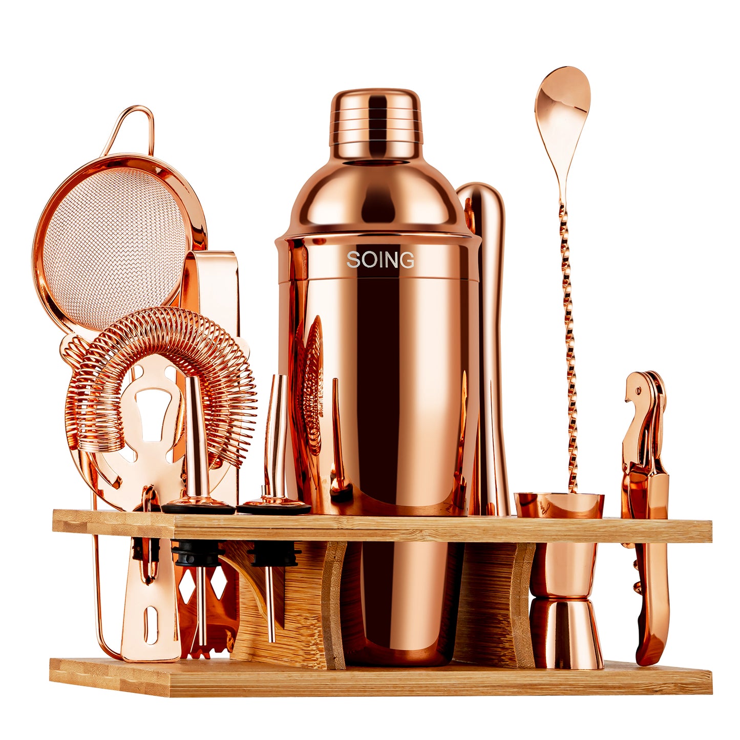 Soing 11-Piece Bartender Kit with Wooden Stand (Rose Copper)