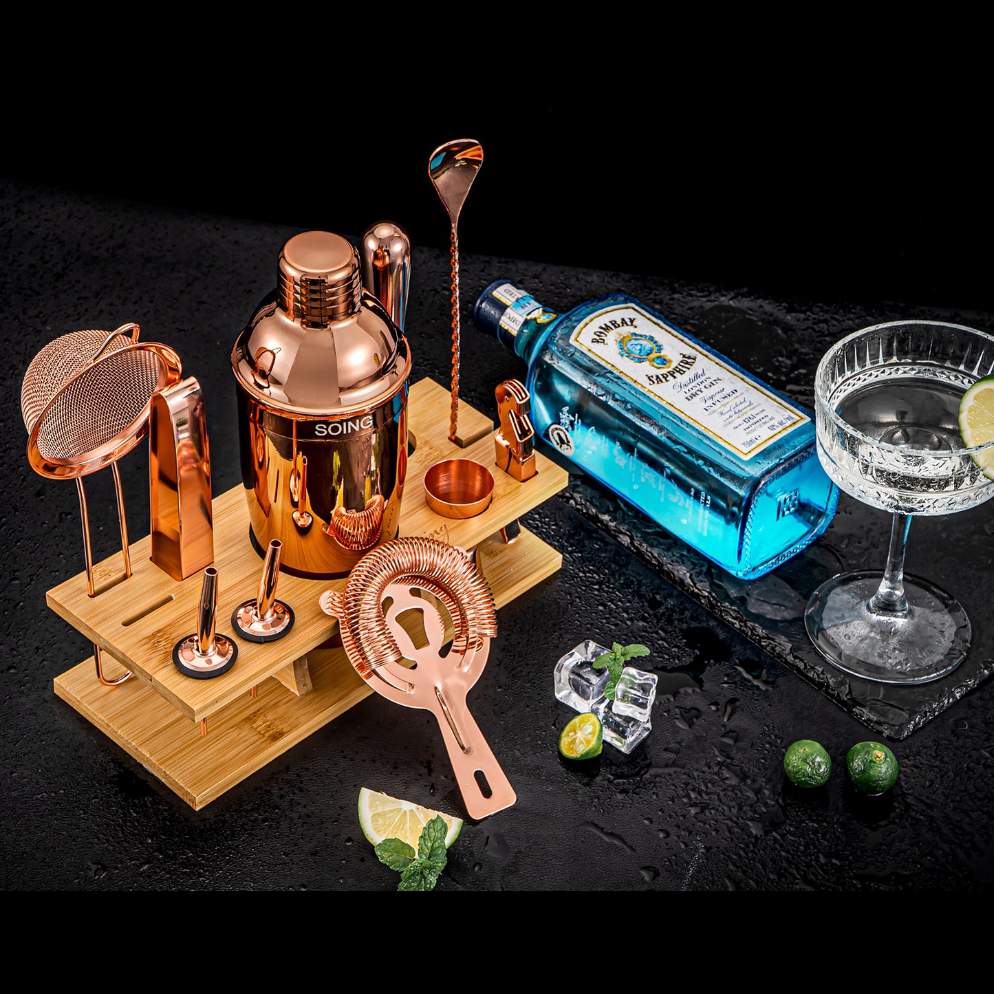 Soing 11-Piece Bartender Kit with Wooden Stand (Rose Copper)