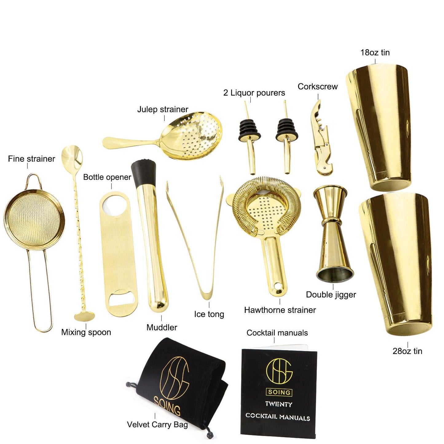 Soing 15-Piece Boston Bartender Kit (Gold)