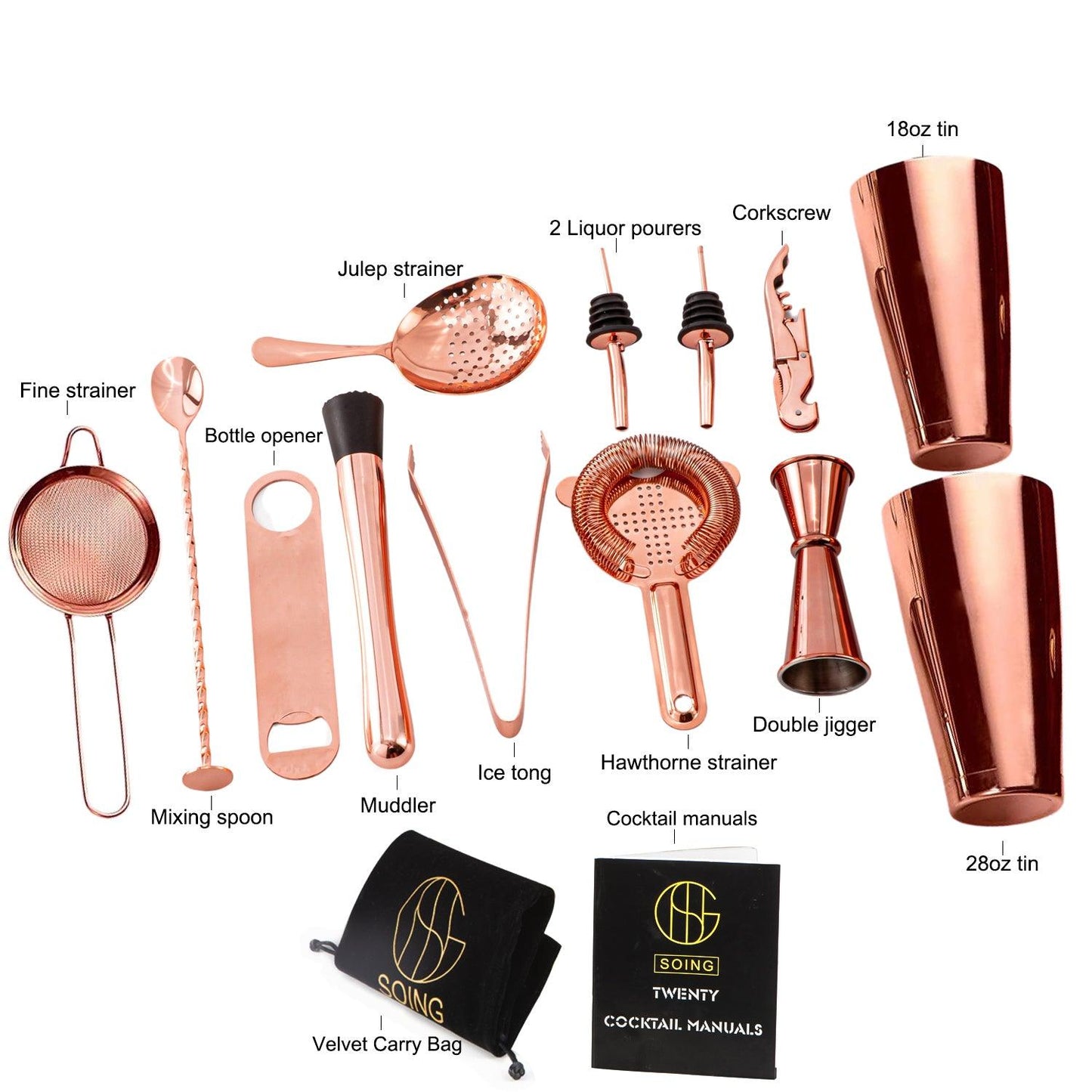 Soing 15-Piece Boston Bartender Kit (Rose Copper)