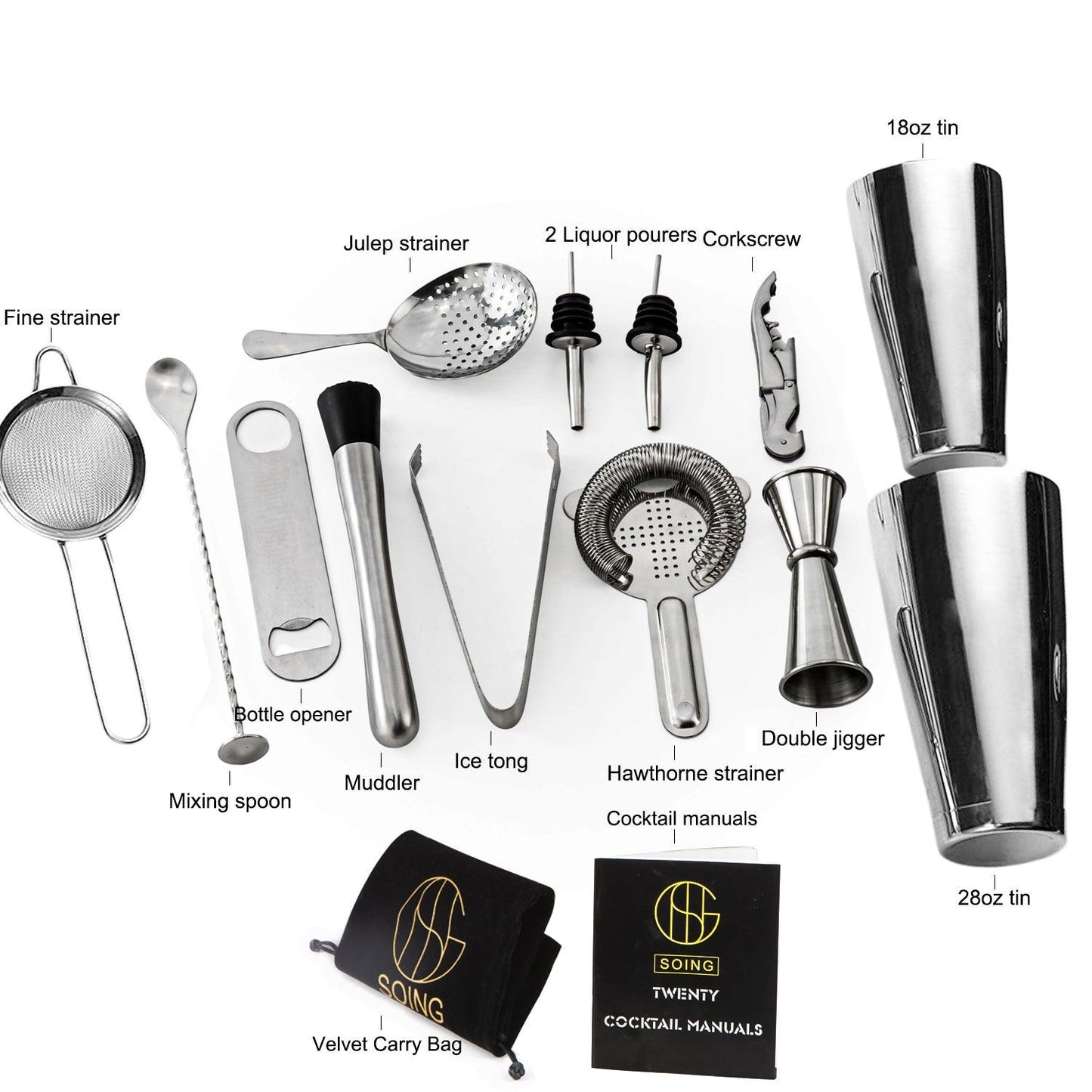 Soing 15-Piece Boston Bartender Kit (Silver)