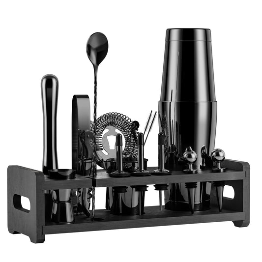 SOING Weight Bottom Boston Bartender Kit With Stylish Bamboo Stand (Black)