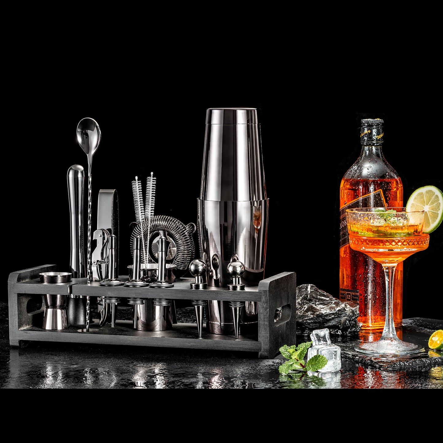 SOING Boston Bartender Kit With Stylish Bamboo Stand (Black)