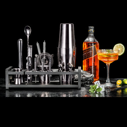 SOING Boston Bartender Kit With Stylish Bamboo Stand (Black)