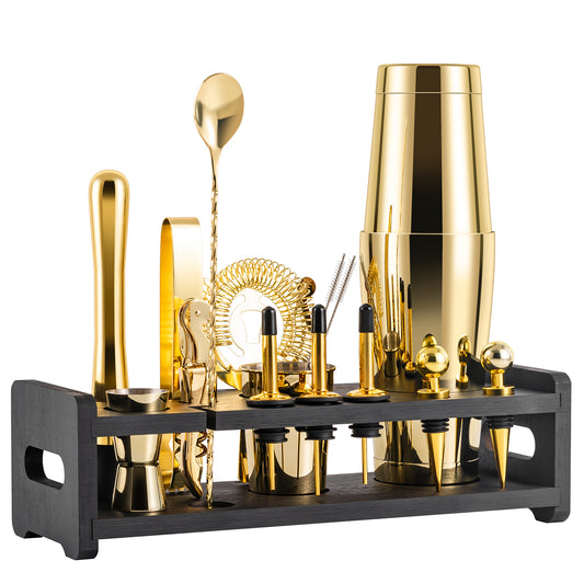 SOING Boston Bartender Kit With Stylish Bamboo Stand (Gold)