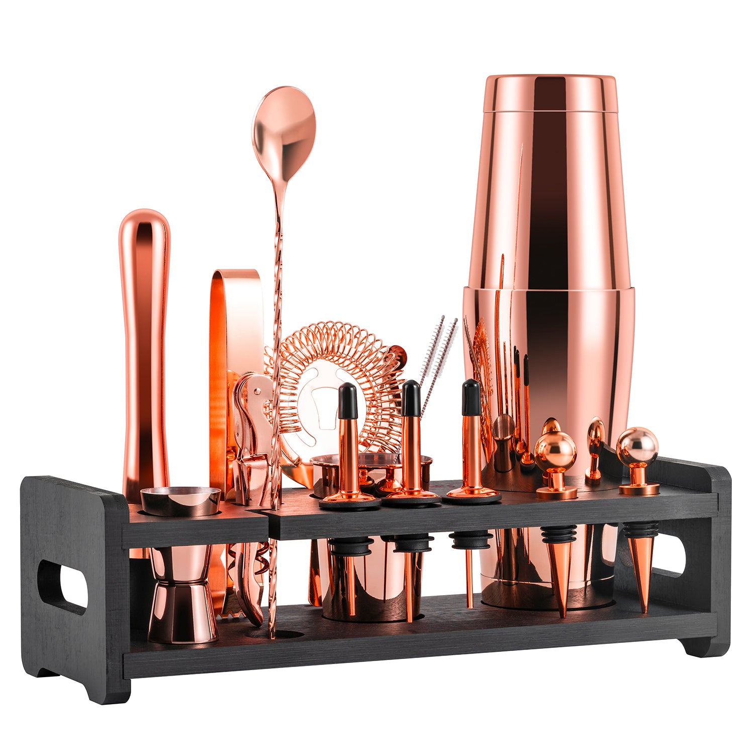 Rose Gold Bartender Kit with Mahogany Stand