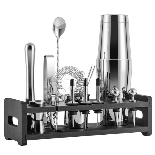 SOING Boston Bartender Kit With Stylish Bamboo Stand (Silver)