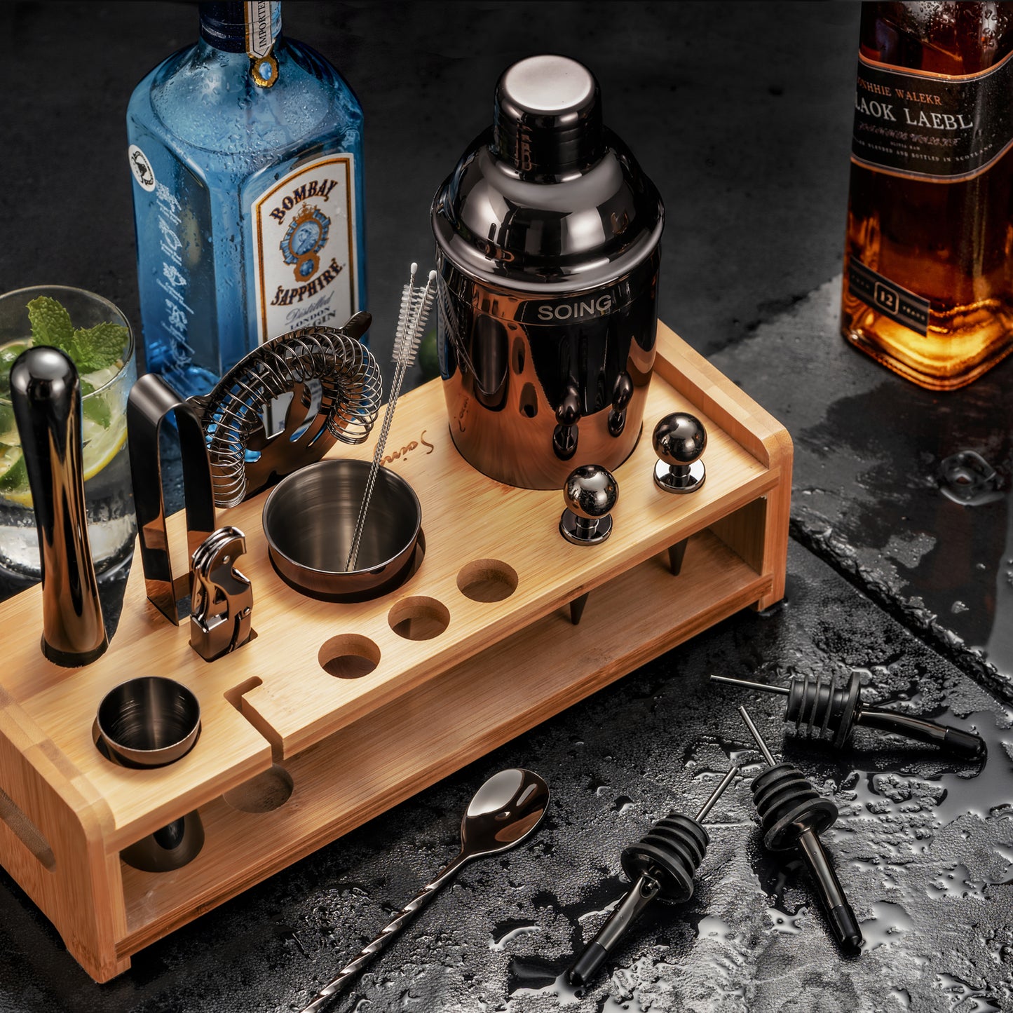 Soing Bartender Kit with Stylish Bamboo Stand (Black）