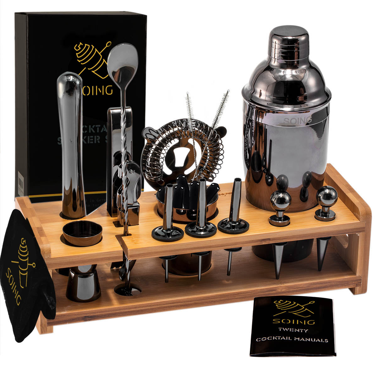 Soing Bartender Kit with Stylish Bamboo Stand (Black）